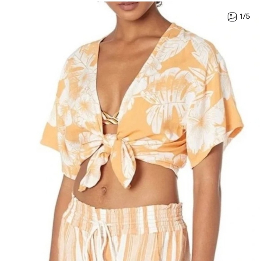 Roxy Golden Shore Floral Tie-Front Crop Top - Orange and White